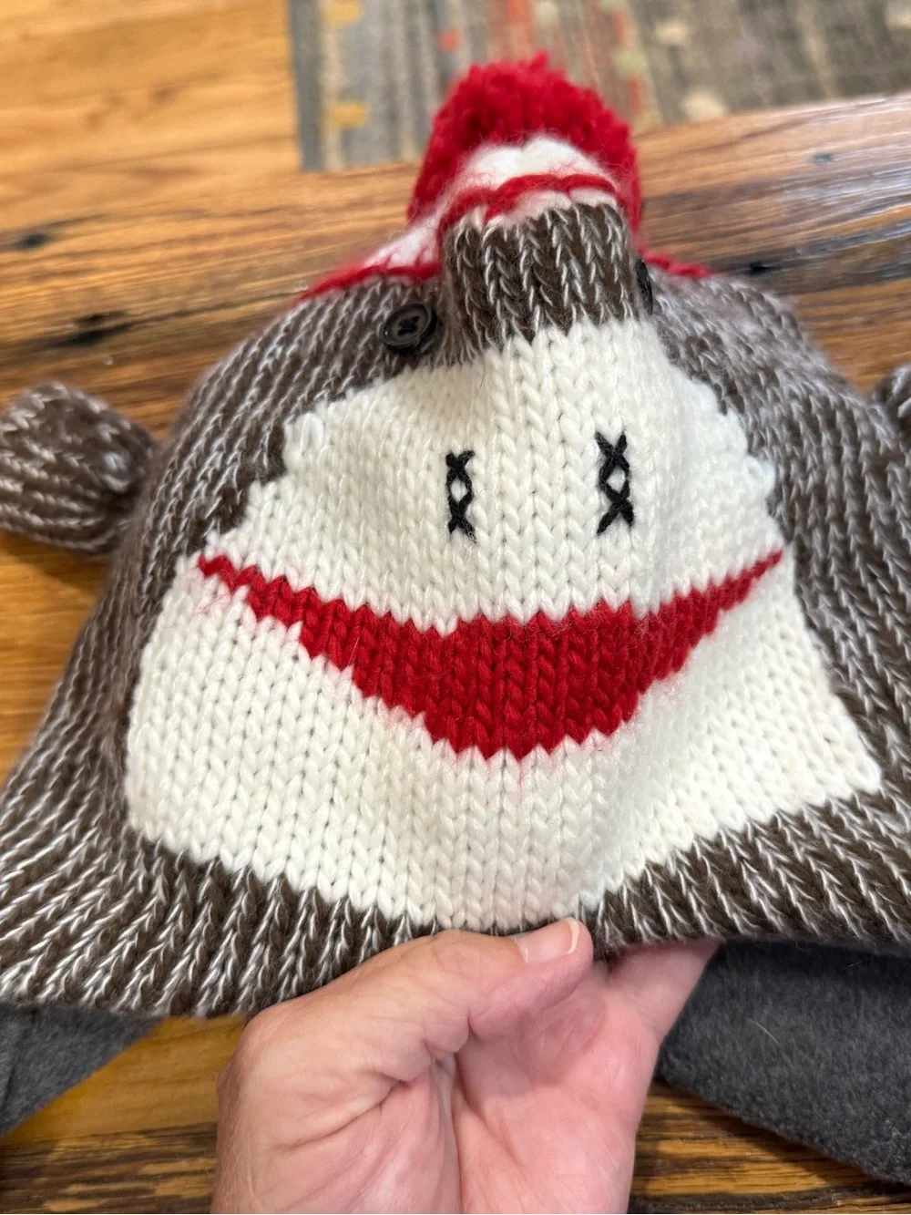 Knit Monkey Pom-Pom Earflap Hat - Brown & Red